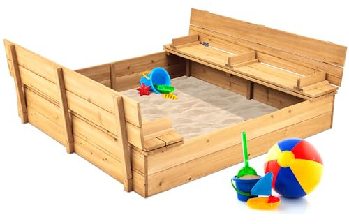 Best Choice Products Large Outdoor Wooden Sand Box for Kids, Sandbox with Cover, Bench Seats Support up to 220 lbs, Bottom Liner for Drainage, Cedar Wood - Natural