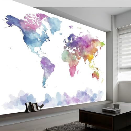 Papier Peint Intissé Carte Du Monde Aquarelle Simple 400 x 280 cm (L x H), Décoration Murale Poster Tableaux Muraux Tapisserie Papier peint Photo Couleur Claire pour Salon Chambre de Enfants
