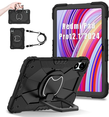 FONREST Funda portátil resistente para Xiaomi Poco Pad/Redmi Pad Pro de 12.1 pulgadas 2024 con soporte giratorio/anillo colgante asa de elevación cordón híbrido resistente a los golpes cubierta de