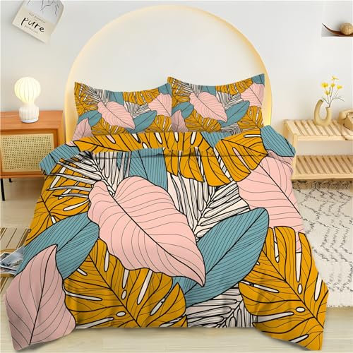 PNHCL Bettwäsche 135x200 2teilig, Orange Monstera Kinderbettwäsche, Bettbezug 135 x 200 und 1x Kissenbezug 80x80 cm mit Reißverschluss, Wendebettwäsche Set für Jungen und Mädchen