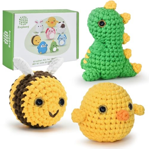 Häkelset für Anfänger,Häkel-Starter-Kits,Anfänger für Erwachsene und Kinder,Amigurumi,häkelset tiere-Schritt-für-Schritt-Video-Tutorials,häkelset kinder,Anfänger Häkelgarn,Dinosaurier-Küken-biene