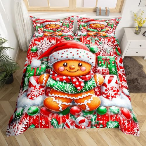 Nette Lebkuchen Mann Tröster Abdeckung 135x200,Cartoon Weihnachten Bettwäsche Set Weihnachten Winter Schneeflocke Bettbezug Geschenk für Kinder Mädchen Frauen Neujahr Urlaub Bettbezug Reißverschluss
