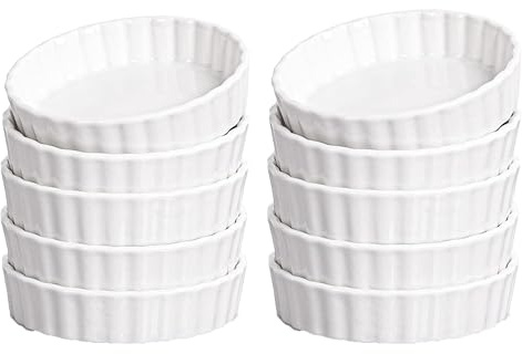 Delling Lot de 10 ramequins ronds cannelés pour crème brûlée, quiche, tartelette, passe au four, pour pâtisserie, soufflé, blanc
