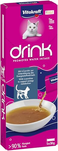 Vitakraft Drink, Katzensnack, Flüssigkeitsaufnahme, mit Lachs (5x 30g) | flüssiger Katzen Leckerli, mit L-Carnitin für den Energiestoffwechsel, ohne Zuckerzusatz, individuell portionierbare Sachets