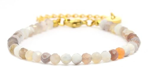 Echtes Botswana Achat Edelstein Armband mit facettierten 4mm Perlen - Länge verstellbar - Heilstein Schutzstein Edelsteinarmband Glücksbringer Talisman Geschenk (Botswana A., 16-21CM G)