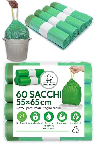 Lot de 60 sacs poubelles 55 x 65 cm vert, parfum citron, 40 litres anti-odeurs avec poignées tire et fermer, sacs poubelle pour collecte différenciée, sacs poubelle en haute densité en polyéthylène