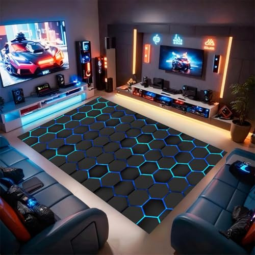 PEIHUODAN 3D Gaming Zimmer Teppich für Jungen | Flanell Kindertappich mit Neon-Gaming Motiv Design | Anti-Rutsch Gamer-Zimmer Dekorative Fußmatten (Blue,140x200cm)