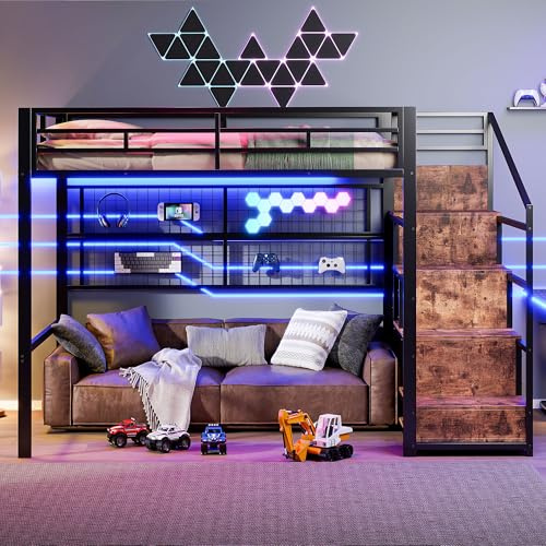 Lcoho Hochbett,(140 x 200cm), Eisenrahmen, Kleiderschrank, Stauraumleiter, Gitter zum Aufhängen von Gegenständen, Freifläche unter dem Bett, 7-farbige LED-Leuchten, ohne Matratze, Schwarz