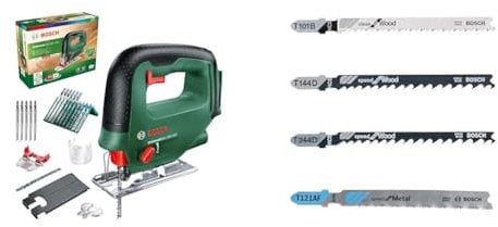 Bosch Home and Garden Cordless Jigsaw UniversalSaw 18V-100 (Without Battery, 15 pcs Jigsaw Blade Set Included, Carton Packaging) + Tough Box Jigsaw Blade-Set with Single Lug Shank, Set of 40 Piece