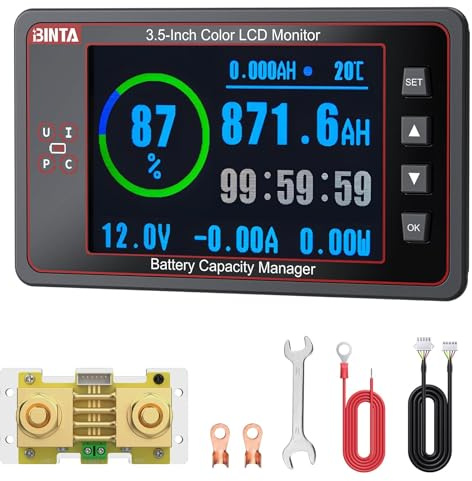 BINTA Moniteur de batterie 500 A avec shunt, écran couleur 8-100 V 8,9 cm pour batteries inondées au lithium gel LiFePO4, rétroéclairage d'alarme haute basse tension avec couvercle coulissant pour