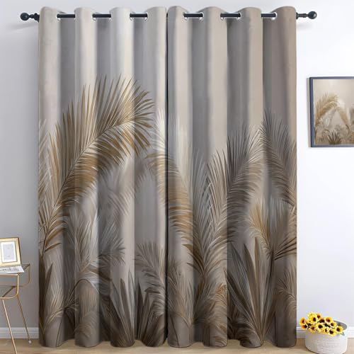 Khaki Verdunkelungsvorhang Retro Elegant Botanisch Palmenblatt Print Muster Vorhänge Mit Ösen, Blickdicht Gardinen Kinderzimmer Schlafzimmer Wohnzimmer - H245 x B100 cm (2er Pack)