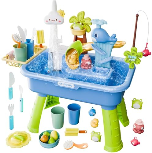 2026 Mesa De Juegos AcuáTicos con Fregadero, Mesa De Agua para 4 En 1 con Bomba Y Agua Corriente, Pesca Simulada, Jugabilidad Diversa, para El JardíN, La Playa Y La DiversióN De Verano (A)
