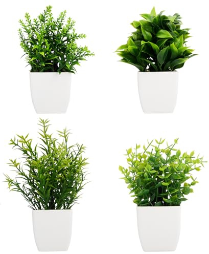 Focenat 4 Pack Artificial Plants in Pots, Small Fake Potted Greenery, Plastic Faux Plants for Home Bathroom Office Decor, Mini Simulation Plant for Desk Table Shelf Windowsill