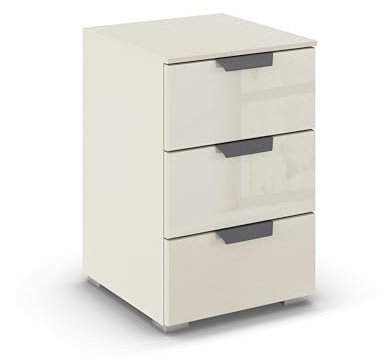 Rauch Möbel ADITIO, Nachttisch, Farbe Glas Beige, Maße 40x61x42 cm | Nachtkommode im modernen Look, 3 Schubladen, mit Glasfront, Soft-Close, für Schlafzimmer, Jugendzimmer, Gästezimmer