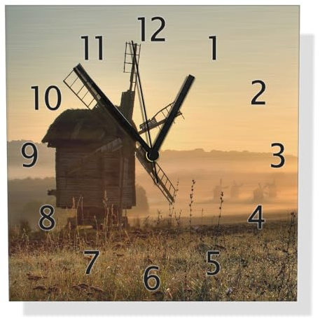 Wallario Design Wanduhr Morgendämmerung am Mühlenfeld aus Aluverbund, Alu-Uhr Größe 30 x 30 cm, Schwarze Zeiger mit Metalloptik