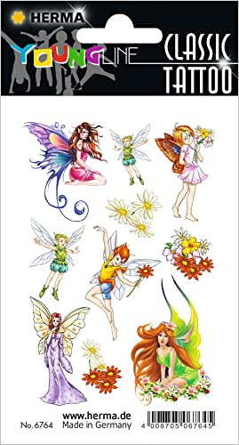 HERMA 6764 Temporäre Tattoos Feen, 10 Stück, Klebetattoos zum Aufkleben, Fake Tattoos Aufkleber mit Elfen Blumen Motiv, Kindertattoos Sticker für Geburtstag Fasching Karneval Kinder Erwachsene