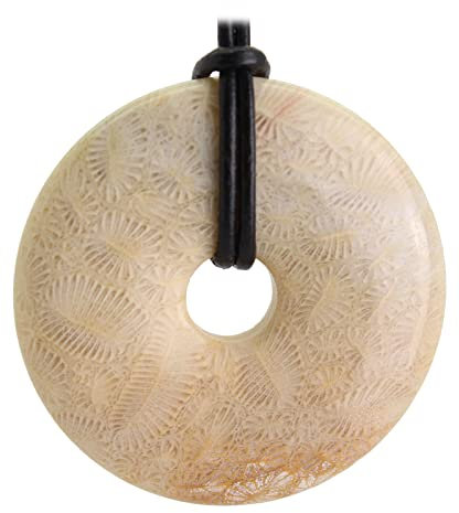 Budawi® Fossile versteinerte Koralle Donut Anhänger Kettenanhänger 40 mm mit Lederband