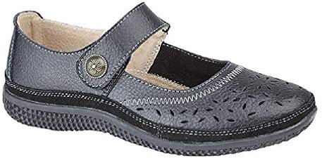 Boulevard Tracey X Wide EEE Fitting Leather Fastening Perforated Bar Shoes - Black Leather, Ladies UK 7 / EU 40