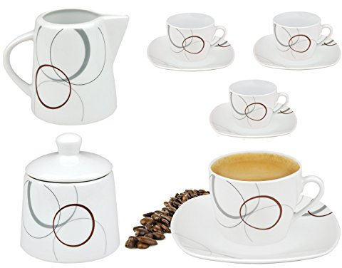 Van Well 10tlg. Kaffeeset, 4X Kaffeetasse mit 4X Untertasse + Milchkännchen & Zuckerdose weiß - Verschiedene Dekore wählbar, Dekor:Palazzo