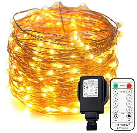 Erchen Plug in Fairy Lights, 66 FT 20M 200 LED Dimmable Copper Wire LED Starry String Lights with 4.5V DC Power Adapter Remote Control for Wedding Christmas Party Bedroom (Warm White)
