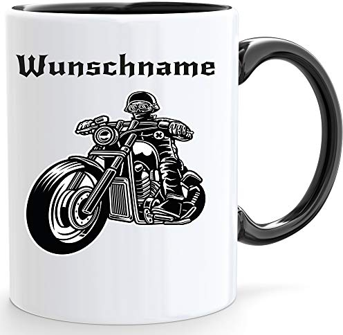 Beschdstoff Motorrad Tasse mit Personalisiert in weiß/Innen und Henkel ist schwarz mit Bild und Wunschname/Größe Kaffeetasse / 330ml