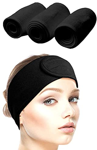 Queta Haarband für Make Up, Kosmetik Stirnband Frottee, verstellbare Haarschutzband mit Klettverschluss 3pcs (Schwarz, Normal)