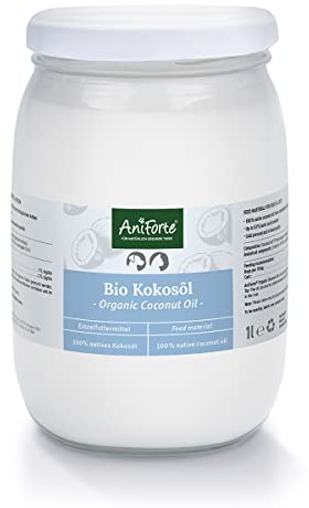 AniForte Bio Kokosöl für Hunde & Katzen 1 Liter Lebensmittelqualität - Erste Kaltpressung, Nativ, Unraffiniert, Hoher Laurinsäure Gehalt, Pflege für Fell, Pfote & Haut, biologischer Anbau, Barf Zusatz