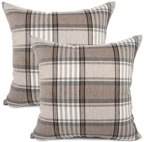 YOUR SMILE Set von 2 Retro-Kissenbezügen für drinnen und draußen, Büffelschottenkaro, gestreift, kariert, Baumwolle / Leinen, dekorativer Überwurf, Kissenbezug für Sofa, Stuhl, braun, 50,8 x 50,8 cm