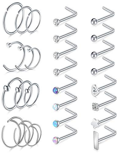Funseedrr 28pcs 20G Piercing Nariz Aros Perno Nasal Acero Quirúrgico Septum Nariz 8/10/12mm Barra Recto Curvado Forma Ópalo CZ Piercing Joyas