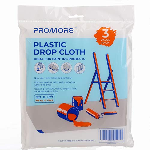 PROMORE Bâche de Protection Peinture 3,66 x 2,74m -25 mµ (3 pièces) antipoussière et imperméables, Pour la peinture, couverture des meubles et du sol(1Mil-3Pack)