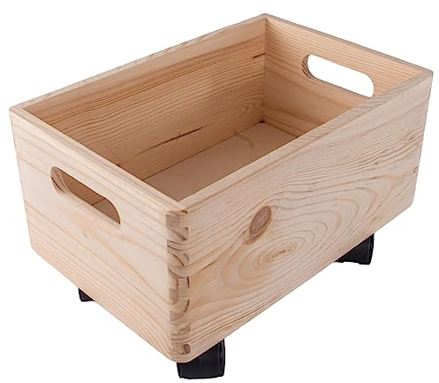 WooDeeDoo Medium Duty Under Bed Wooden Storage Crate On Wheels – 30 x 20 x 19 cm – 6L Wood Box for Toys Crafts Bedroom Bathroom Kitchen – Unfinished Pine Rolling Decorative Container