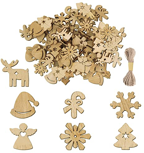 EKKONG 100 Stücke Kleine Anhänger Holz, Weihnachtsanhänger Holz, Christbaumanhänger Holz, Weihnachtsdeko Holz mit Hanfseil, DIY Basteln Holzanhänger für Weihnachtsbaumschmuck Weihnachtsdeko