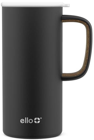 Ello Campy Vacuum Insulated Travel Mug with Leak-Proof Slider Lid and Comfy Carry Handle, Perfect for Coffee or Tea, BPA Free, Matte Black, 18oz