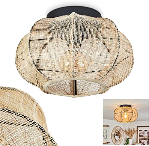 Deckenleuchte Tebary, Deckenlampe aus Metall/Bambus in Natur/Schwarz/Beige im angesagten Boho-Style, Leuchte in Gitter-Optik mit Lichteffekt an der Decke (Ø 33 cm), 1-flammig, 1 x E27 max. 52 Watt