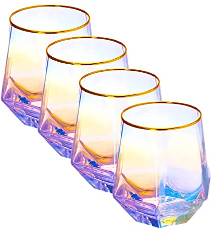 Weinglas ohne Stiel, Diamant-Regenbogen-Weinglas-Set mit 113,284 ml, schillerndes Glas, mit goldfarbenem Rand, ideal für Rotwein, Spirituosen, Cocktails, Bourbon oder Trinkgläser, als Geschenk