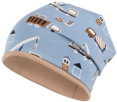 Mütze Junge Kindermütze Übergangsmütze Baumwolle Beanie doppellagig, Größe: 50/52, Farbe: Hellblau-Baustelle