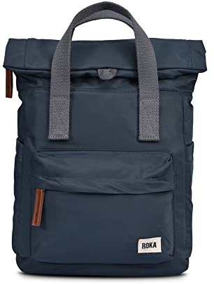 ROKA London Canfield B Small Sustainable Nylon (Smoke) | Compact roll top backpack with wide zip opening, tablet storage, secret pocket, side pockets and adjustable shoulder straps