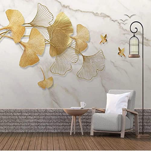 Stickers Muraux - Autocollant Mural Tridimensionnel En Feuille De Ginkgo Doré Moderne Grand Papier Peint Mural Tissu De Soie 4D Imperméable Panneau Mural Uv Décor Pour Fond De Télévision/Salon/C