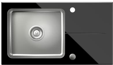 VBChome Évier de cuisine en verre - 77 x 44 cm - Noir - Simple - Plateau en verre - Bassin en acier - Siphon encastré - Grand bac profond