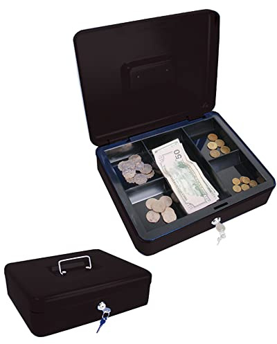 MICEL - 13402 - Geldkassette mit Schlüssel, zum Zählen und Transportieren von Geld, mit Stahlgriff, inkl. Ablagefach, schwarz, 300 x 240 x 90 mm