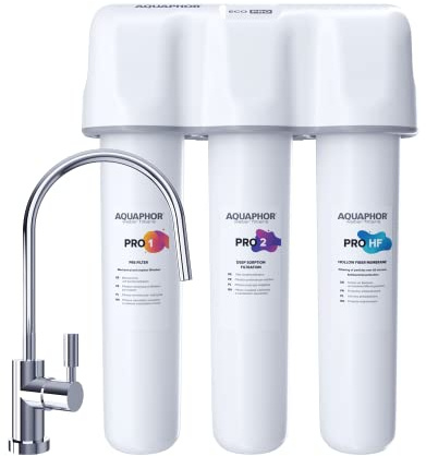 AQUAPHOR ECO PRO H TRIO Trinkwasserfiltersystem mit 1 Wege Wasserhahn Wasserenthärter mit Keimsperre und Ultrafiltration bis 0,1 Mikrometer