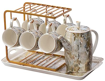 AVLUZ Ceramic Tea Set with Display Stand, Cups & Teaspoon Service for 6, Luxurious Coffee Pot Set for Women Tea Party