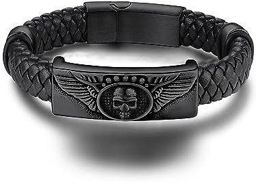 GoldChic Gotik Herrenarmband Lederband Schwarz Lederarmbänder mit Skull Charm für Männer Jungen 23cm lang Punk Totenkopf Armkette mit Magnetverschluss