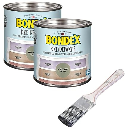 Bondex 2er-Set Kreidefarbe 0,5 L Elegantes Taupe mit Flachpinsel | Möbelfarbe für den Innenbereich | Leichte Verarbeitung für kreative DIY-Priojekte | Vintage-Look | Shabby-Chic