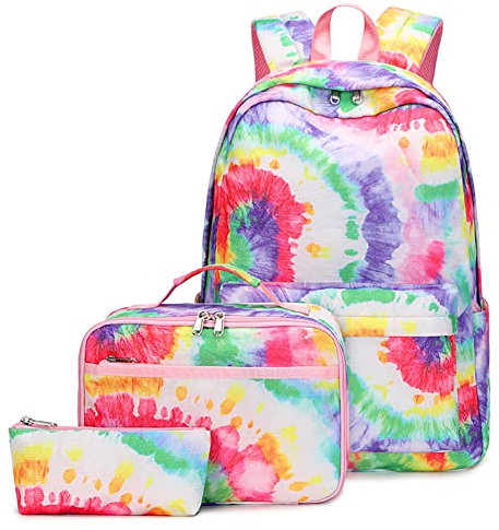Rucksack Jungen Schulrucksack Set Mädchen Teenager 3 Teilig, Tie-Dye Schule Daypacks Kinder Schultasche Camping Groß Schulranzen Wasserdicht Ranzen Schultertaschen 3 Stk mit Lunchtasche Federmäppchen