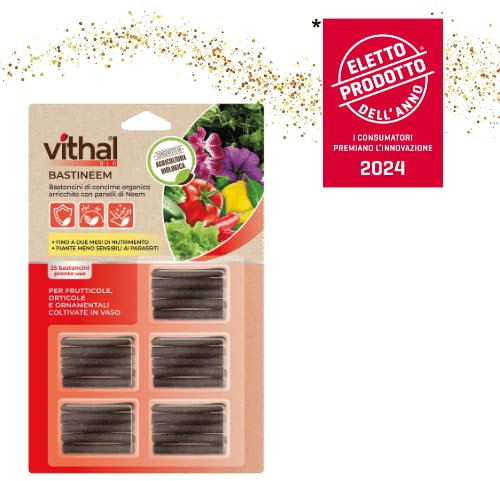 VITHAL GARDEN Bastoncini di Concime BastiNeem per Piante - Concime Organico Minerale, Migliora la Resistenza di Piante in Vaso, Nutrizione Sana e Graduale, Consentito in Agricoltura Biologica, 25pz