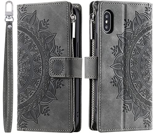 VEEMOS Wallet Case for iPhone XS MAX Flower Flip Case Protective Leather Folio Book Phone Cover with Card Slots Kickstand Zipper Pocket - Grey