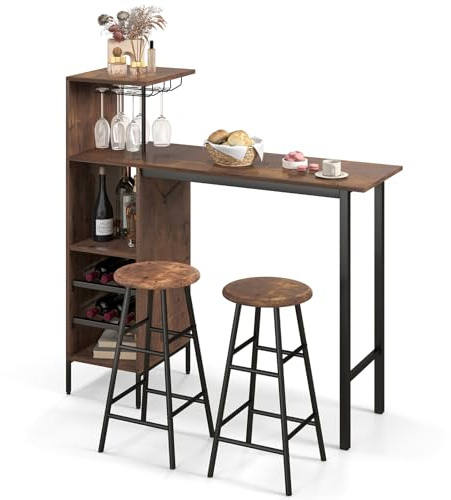 RELAX4LIFE Set di Tavolo con 2 Sedie con Porta Bottiglie da Vino, Portacalici, 4 Ripiani, Salvaspazio, Per Balcone, Cucina, Soggiorno, in Legno e Metallo,120 x 40 x 121,5 cm (Marrone)