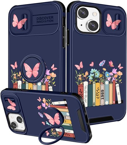 Pegmode (2in1 for iPhone 13 Case/for iPhone 14 Case for Women Cute Girls Phone Cases Girly Kawaii Pretty Flowers Books Design with Camera Cover+Ring Holder Aesthetic for Apple 13/Apple 14 Cover 6.1''