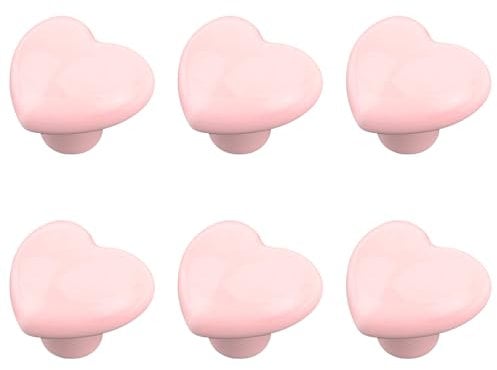 Bekecidi 6 Pcs Heart Ceramic Drawers Knobs, Single Hole Kitchen Cupboard Door Pull Handles, Cute Drawers Cabinet Wardrobe Dresser Knobs, Handmade Decorative Handles (Pink)